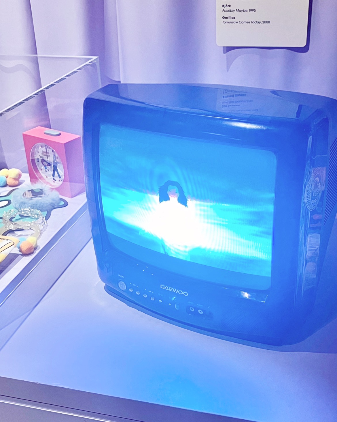 an old television with bjork on screen