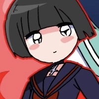 angura-chan, a girl with short black hair, black eyes and fair skin wearing a dark blue seifuku with red accents and a skull in the middle