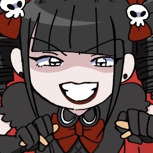 gothloli-chan, a woman with black drilled twin-tails with red bows and skulls, black eyes, fair skin and red lipstick wearing a gothic lolita style dress with red and white accents