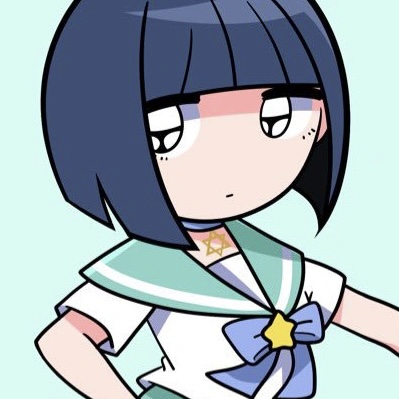 sumire kurauchi, a girl with short blue (although black when not in her magical girl form) hair, black eyes, fair skin, a blue choker with a golden kagome crest and a turquoise seifuku accessorised with a blue bow and a yellow star