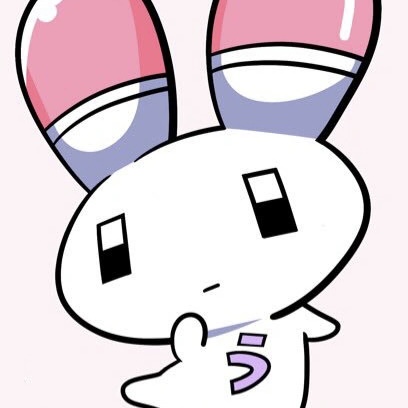 usatan, a white bunny with half pink ears and a purple hiragana letter on his chest which says 'U'