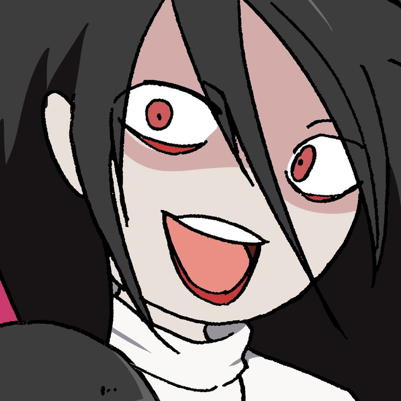 yandere-chan, a women with long messy black hair, red eyes, fair skin and red lipstick wearing all white