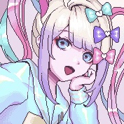 as kangel, ame-chan wears a platinum blonde wig with a purple gradient on the bangs, blue-pink pigtails, bright blue contacts and a holographic seifuku